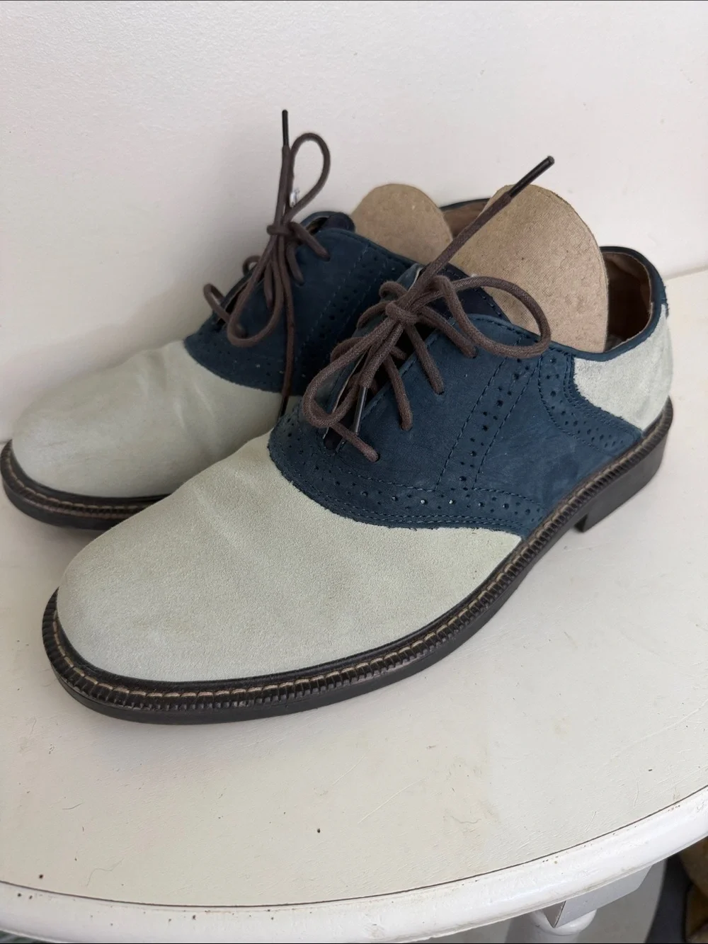 (2046) Men's Two-Tone Suede & Leather Oxford Shoes - Navy and Cream, Size: 8.5